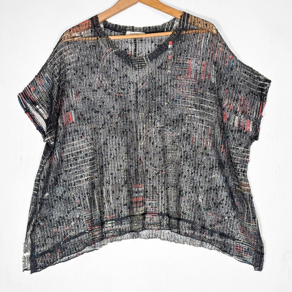 Jess & Jane Black Sheer Mesh Knit Top‎ Womens L Sequins Boxy Punk Festival